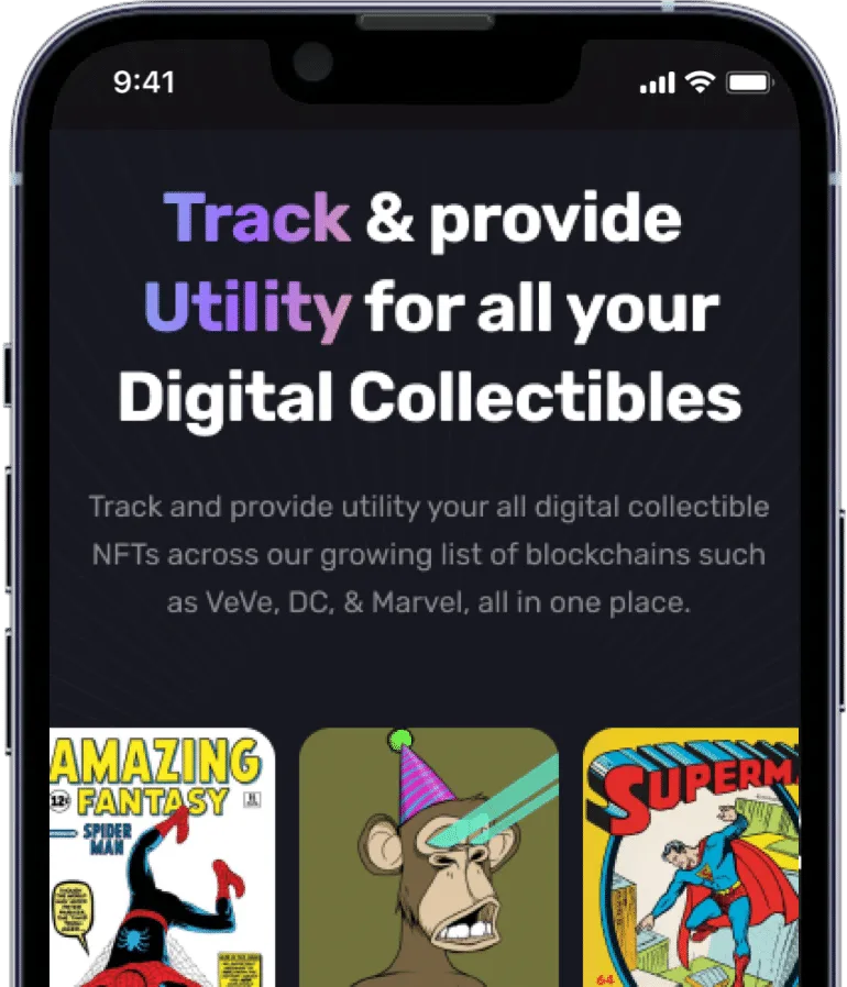 Smartphone mockup of an NFT collectibles app home screen with comic-book cover and avatar cards under the headline