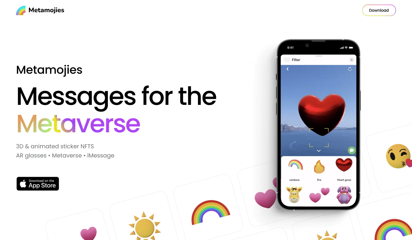 Metamojies landing page reading “Messages for the Metaverse” beside an iPhone placing a 3D red heart sticker in an AR camera view