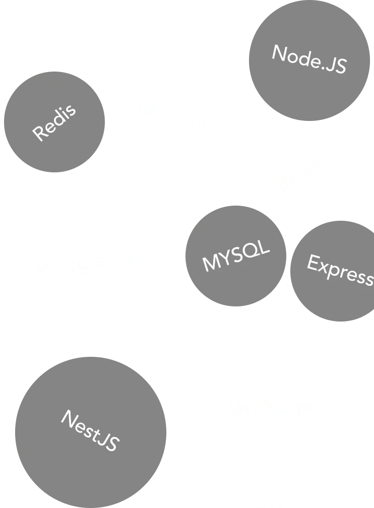 Technology bubble chart naming Node.js, MongoDB, PostgreSQL, MySQL, Redis, Express, NestJS, React and JavaScript