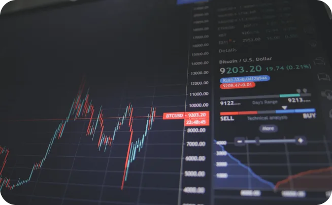 Trading platform screen showing a Bitcoin/US dollar candlestick chart with buy and sell controls