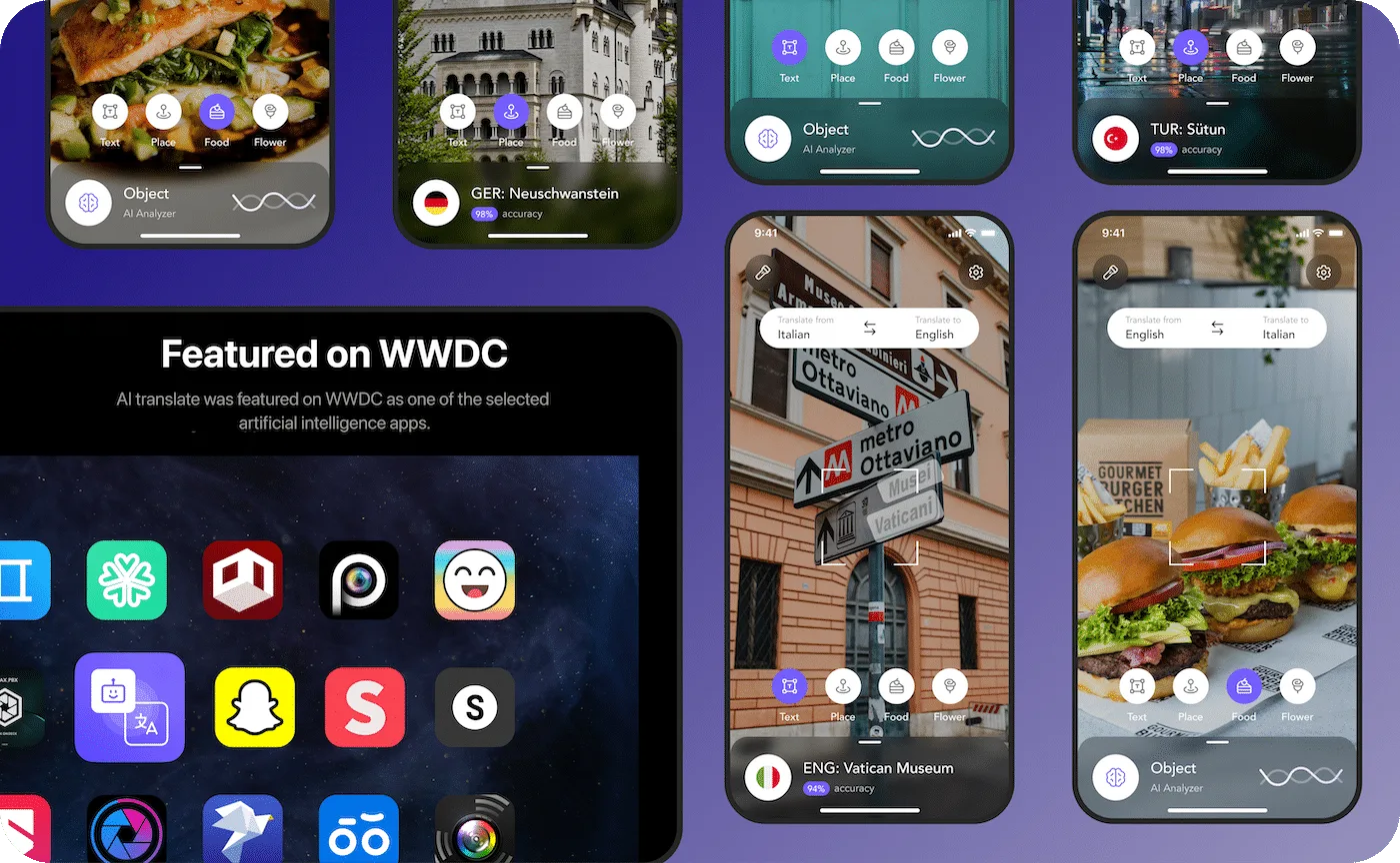 AI translate app screens identifying a castle, street signs and food, with language pickers and a Featured on WWDC panel