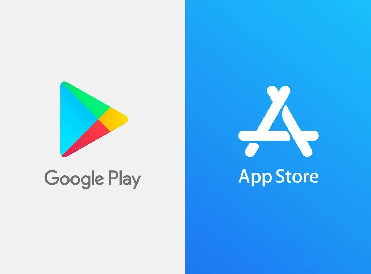 Google Play and Apple App Store logos side by side on a split grey and blue background