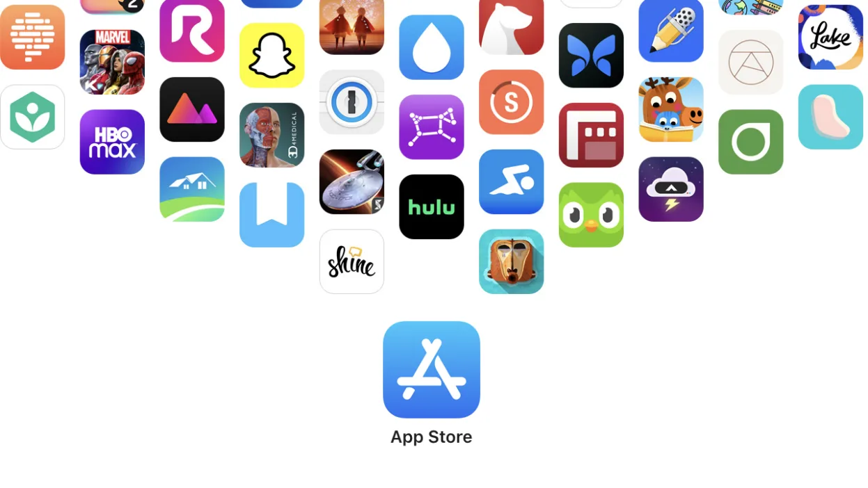 Cluster of colorful iOS app icons fanned out above the blue Apple App Store icon