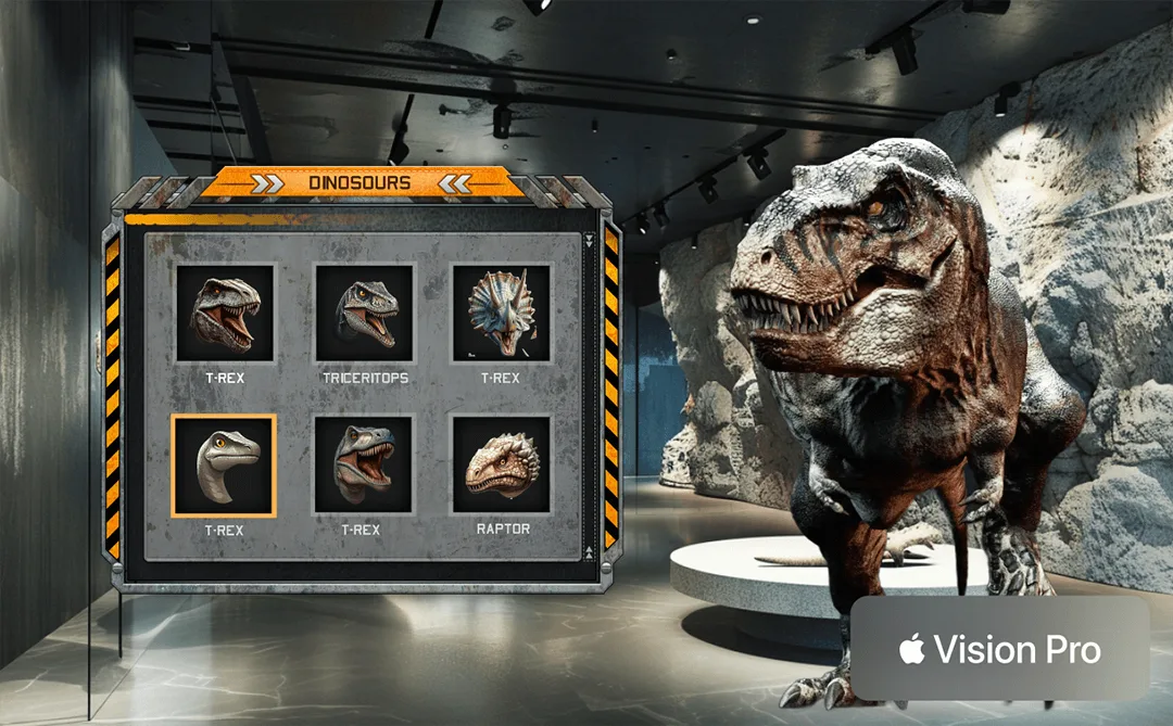 Interactive mixed reality dinosaur museum exhibit on Apple Vision Pro