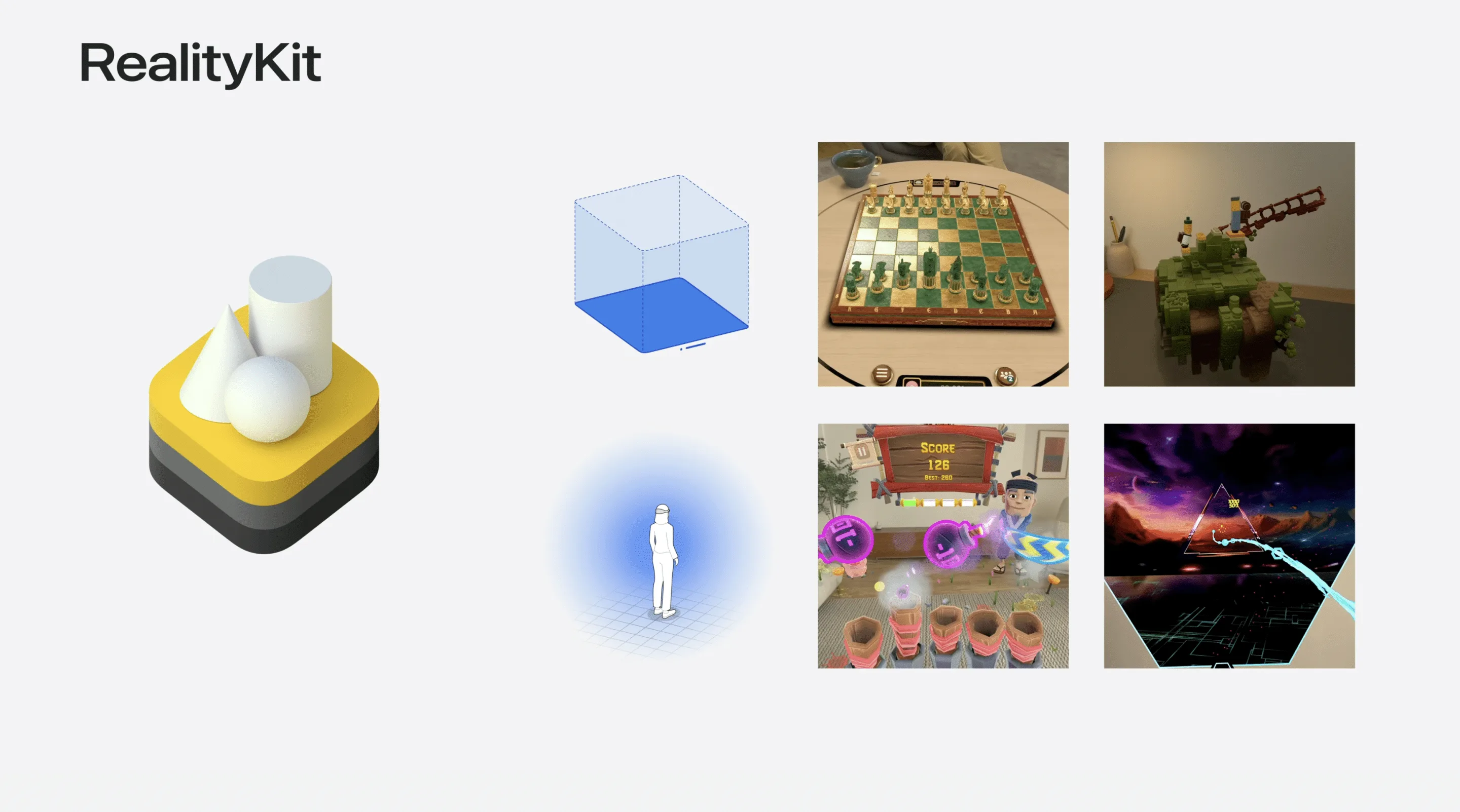 RealityKit slide showing 3D primitives, a volumetric bounding box, a human scale figure and four AR app screenshots
