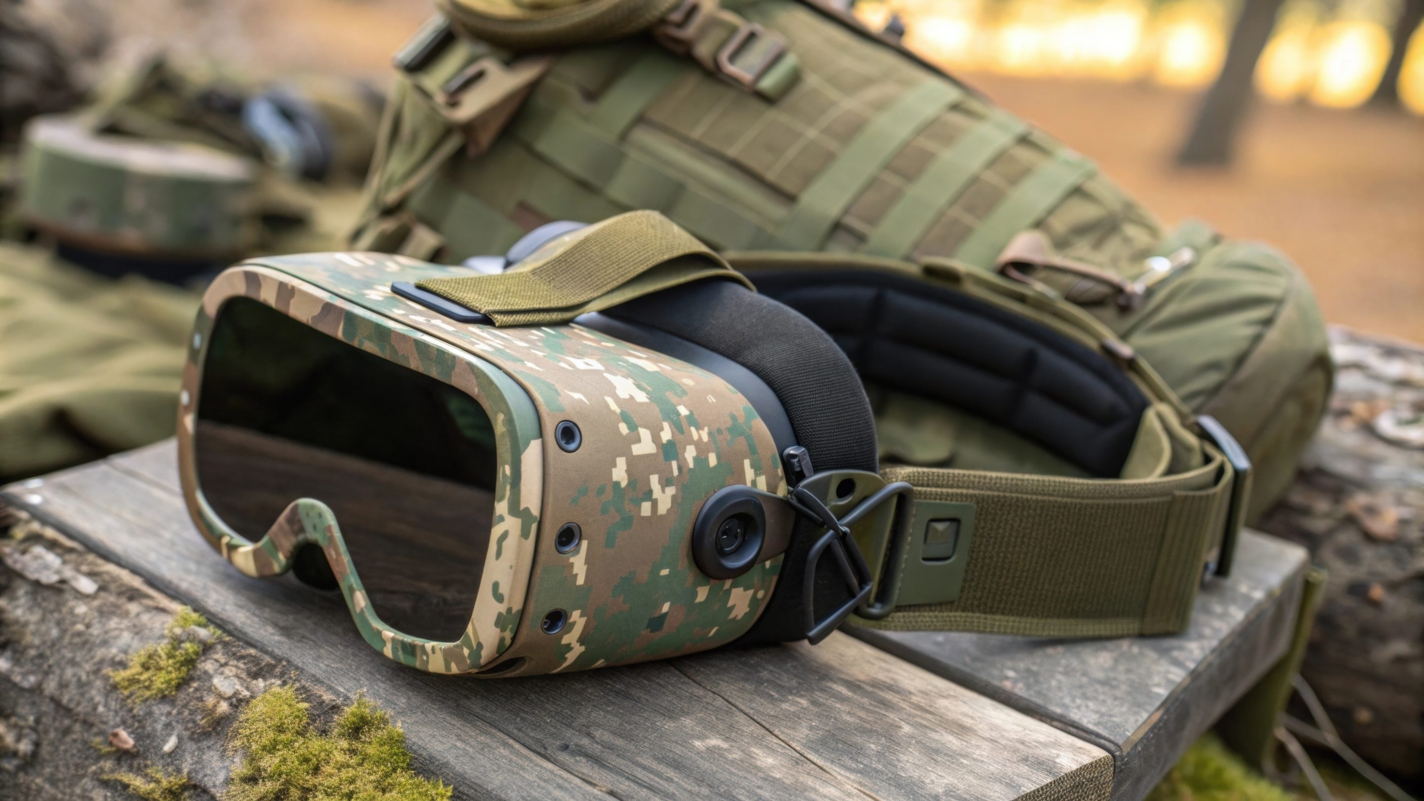 Camouflaged vr headset and military backpack resting on wooden surface Camouflaged virtual reality headset sits on a wooden surface with a military style backpack in the background, suggesting its use in tactical training or simulated combat scenarios