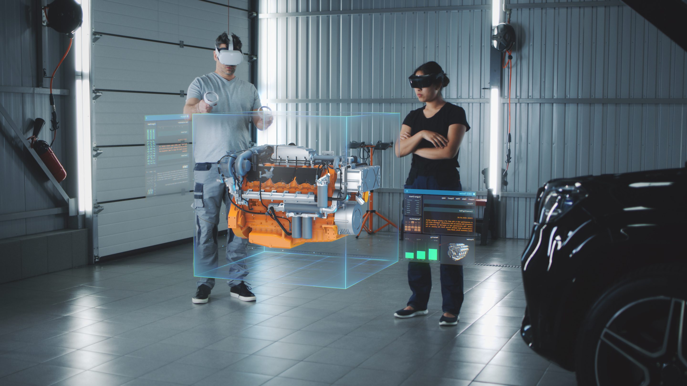 Engineers inspecting a car engine