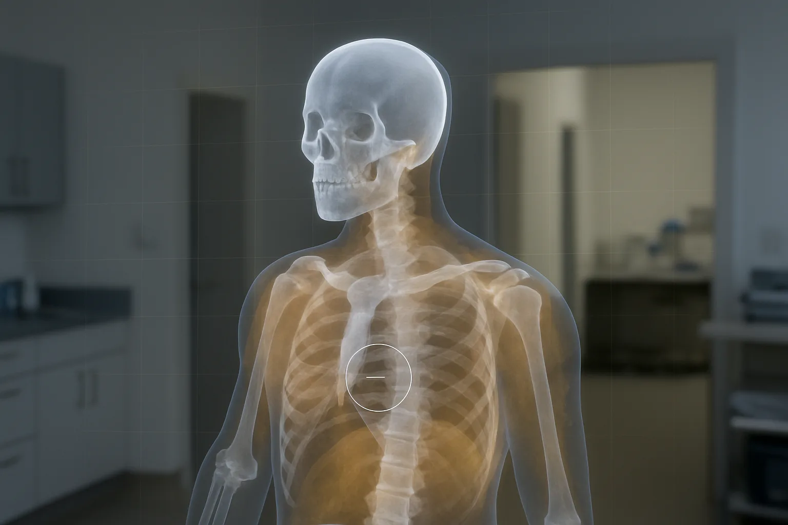 Translucent 3D anatomy hologram of a skull, spine and ribcage floating in a blurred clinical room with a targeting reticle