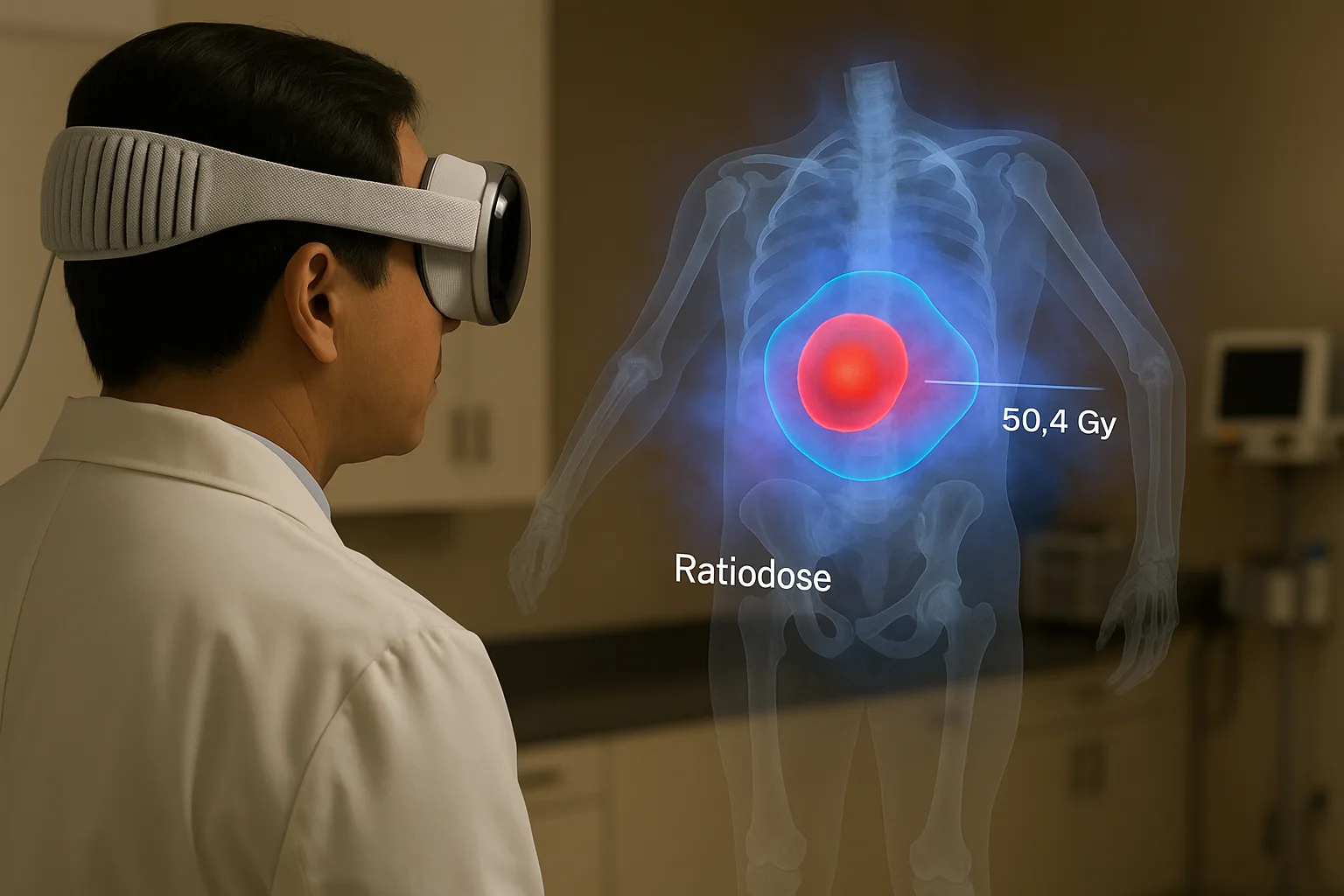 Clinician in a white coat and headset viewing a floating translucent skeleton hologram with a red dose hotspot labelled 50,4 Gy