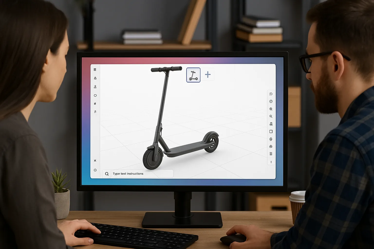 Two 3D model designers working on a 3D model in Blender of a scooter