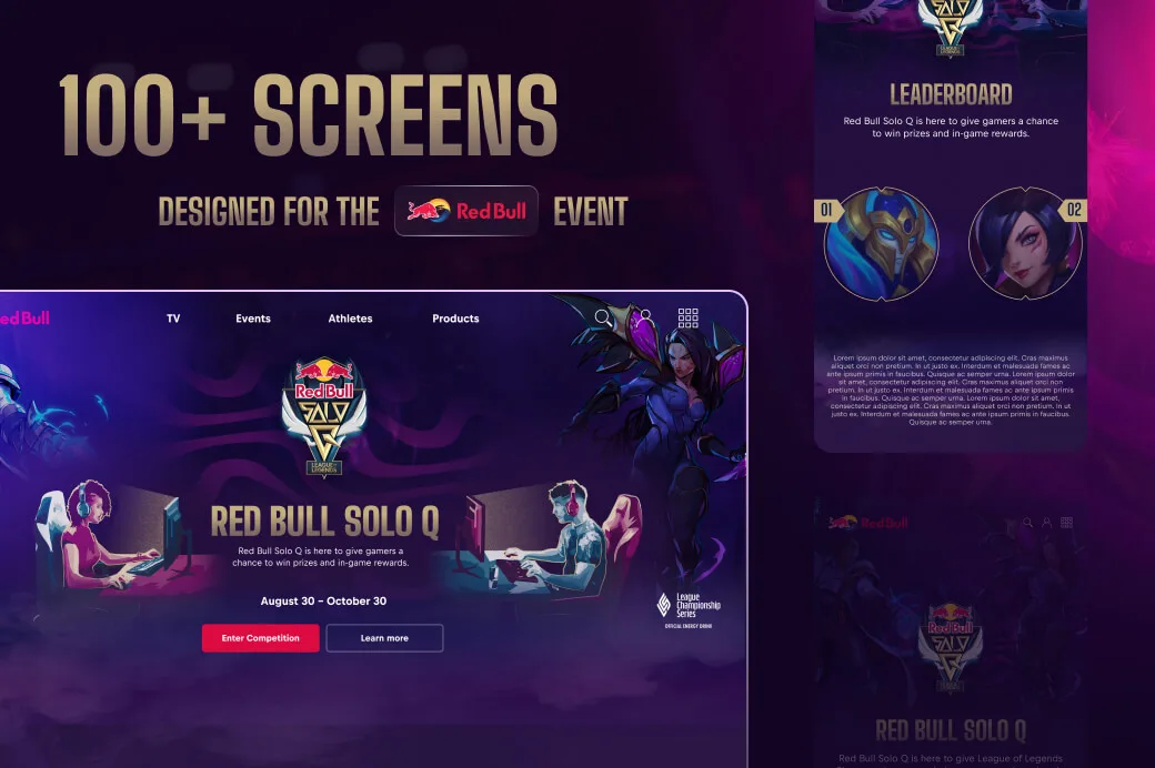 Case-study board reading 100+ screens designed for the Red Bull event, with the Red Bull Solo Q homepage and leaderboard mockups