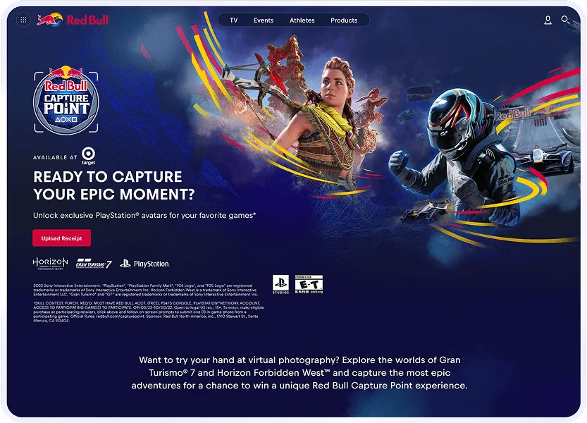 Red Bull Capture Point campaign page headlined “Ready to capture your epic moment?” with an Upload Receipt button