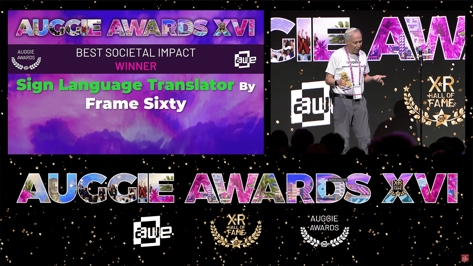 Winner slide naming Frame Sixty’s Sign Language Translator for Best Societal Impact, beside the trophy acceptance on stage