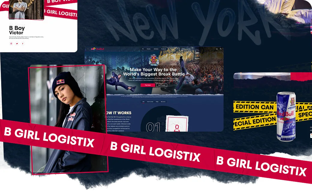 Red Bull BC One collage: b-boy profile card, a woman in a Red Bull beanie, the break-battle webpage and a special-edition can