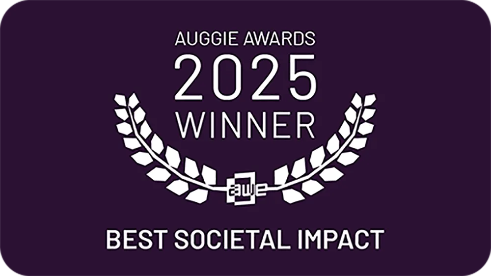 Auggie Awards 2025 Winner badge for Best Societal Impact, with laurel wreath and AWE emblem
