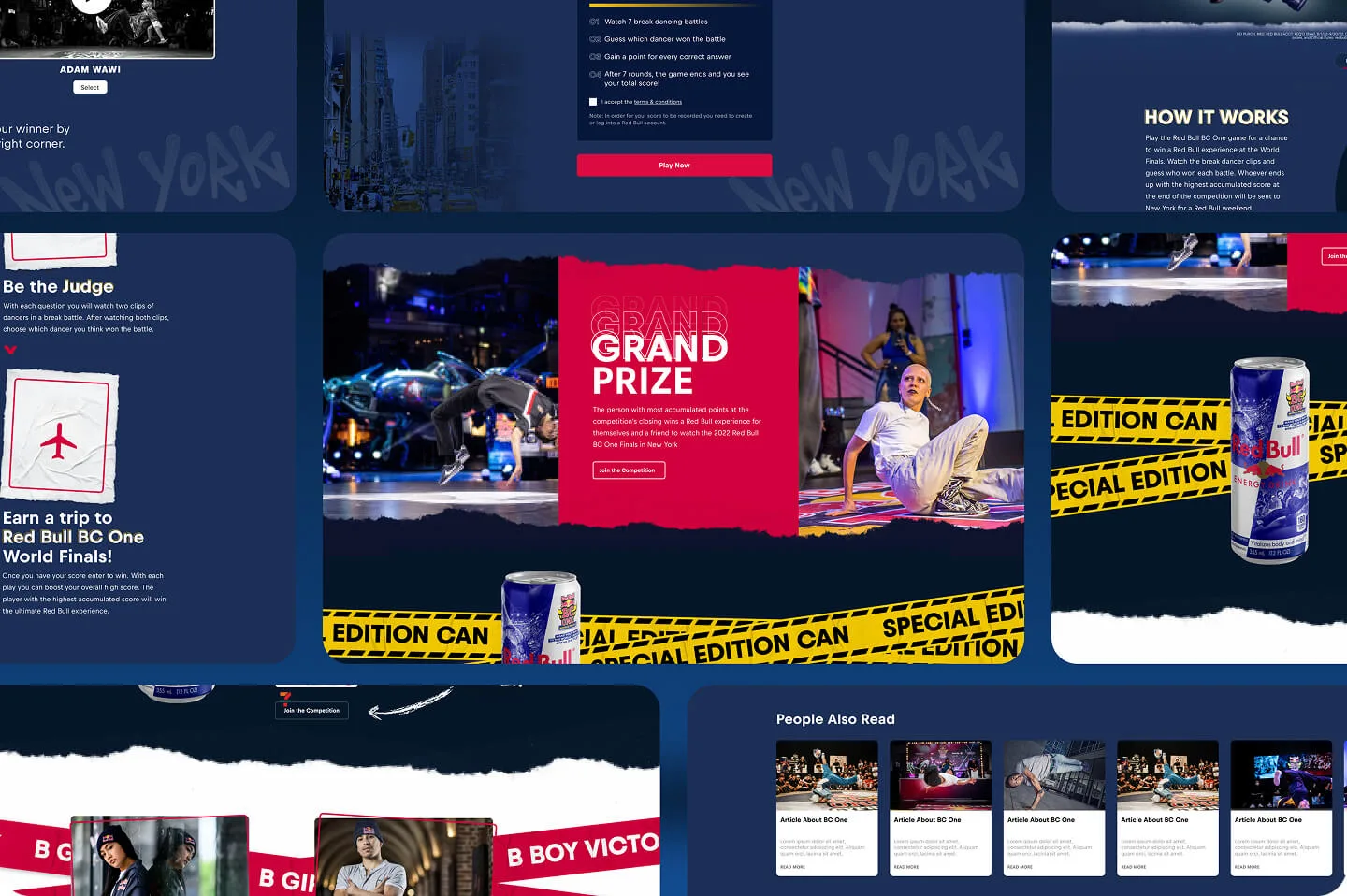Red Bull BC One game web screens: dancer picker, how-it-works rules, grand prize panel and article cards