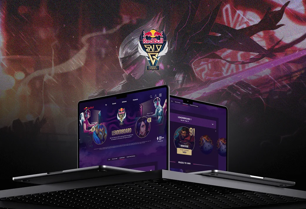 Two laptops showing the Red Bull Solo Q League of Legends leaderboard site, with the campaign wordmark over champion splash art