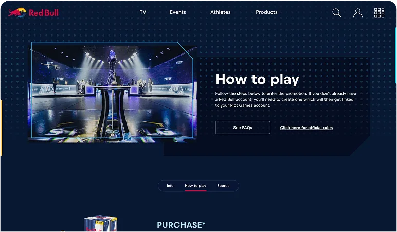 “How to play” step of the Red Bull League of Legends promotion, with a photo of an esports arena trophy