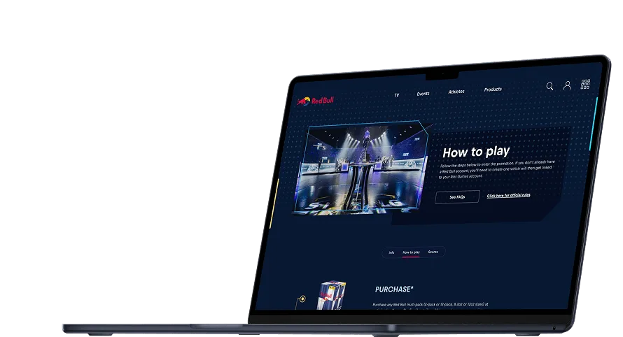 Red Bull contest page on a laptop showing How to play steps, FAQ and rules links and a purchase section