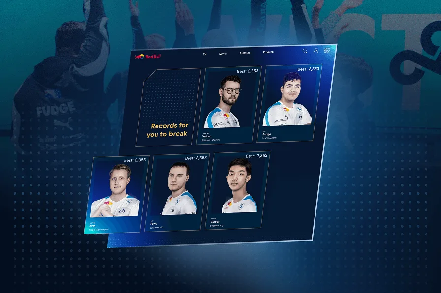 Angled Red Bull web page of Cloud9 League of Legends player record cards headed “Records for you to break”