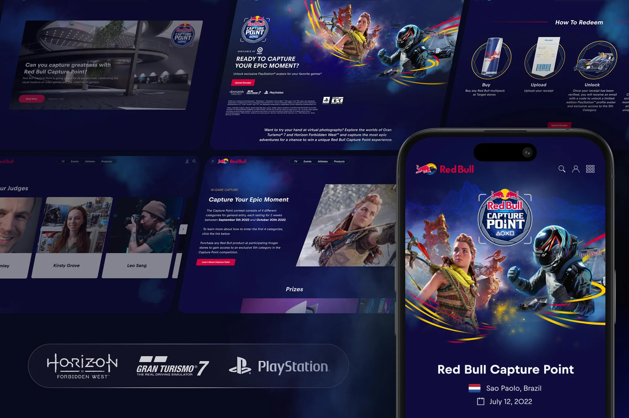 Red Bull Capture Point campaign screens: contest hero, how-to-redeem steps, judges carousel and the phone event page