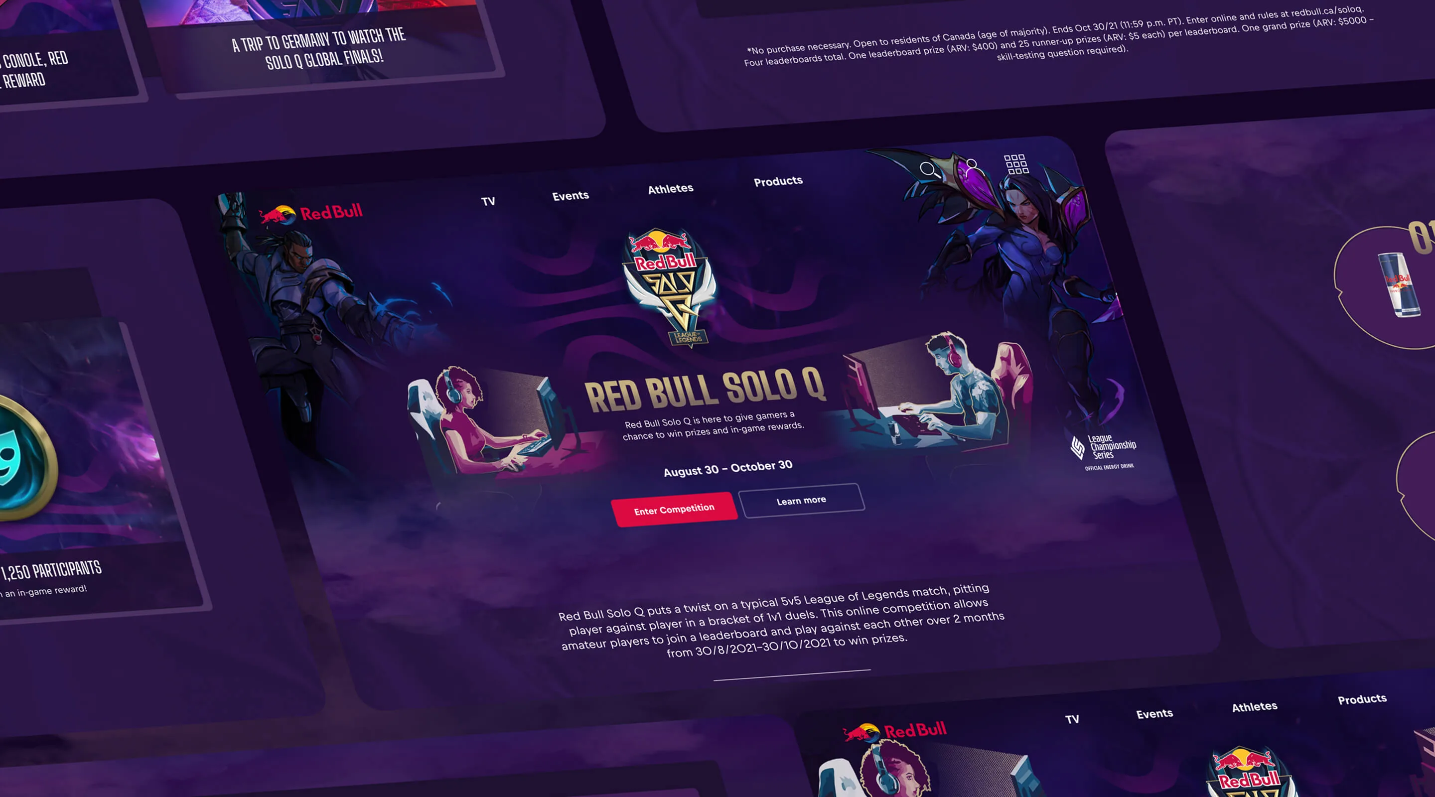 Red Bull Solo Q campaign pages shown at an angle, with League of Legends key art and an Enter Competition button