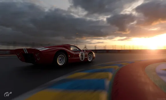 Red vintage-style Le Mans race car with white stripes and race number 1 cornering at sunset in a Gran Turismo screenshot