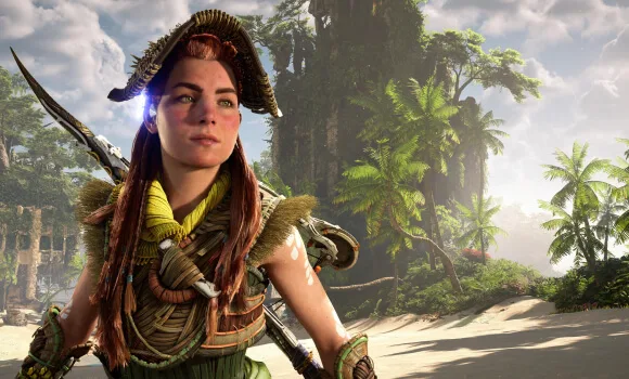 In-game render of a red-haired warrior in tribal armour with a bow, on a sunlit tropical beach lined with palms