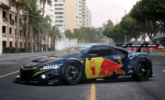Race car in a dark-blue Red Bull-style number 1 livery rendered on a palm-lined city street