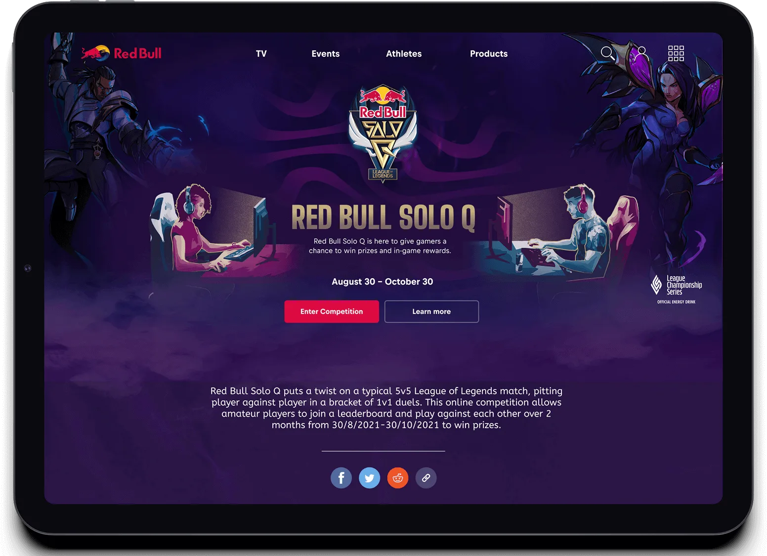 Tablet showing the Red Bull Solo Q competition page with League of Legends art, entry dates and an Enter Competition button