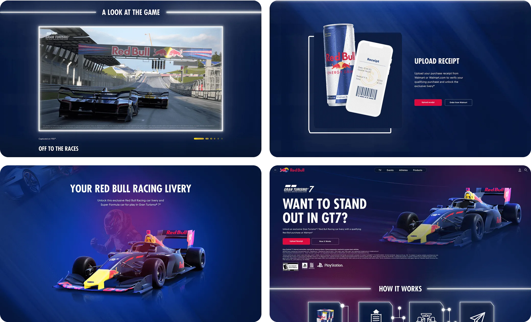Four screens from a Red Bull x Gran Turismo 7 promotion: game footage, receipt upload, exclusive racing livery and campaign page