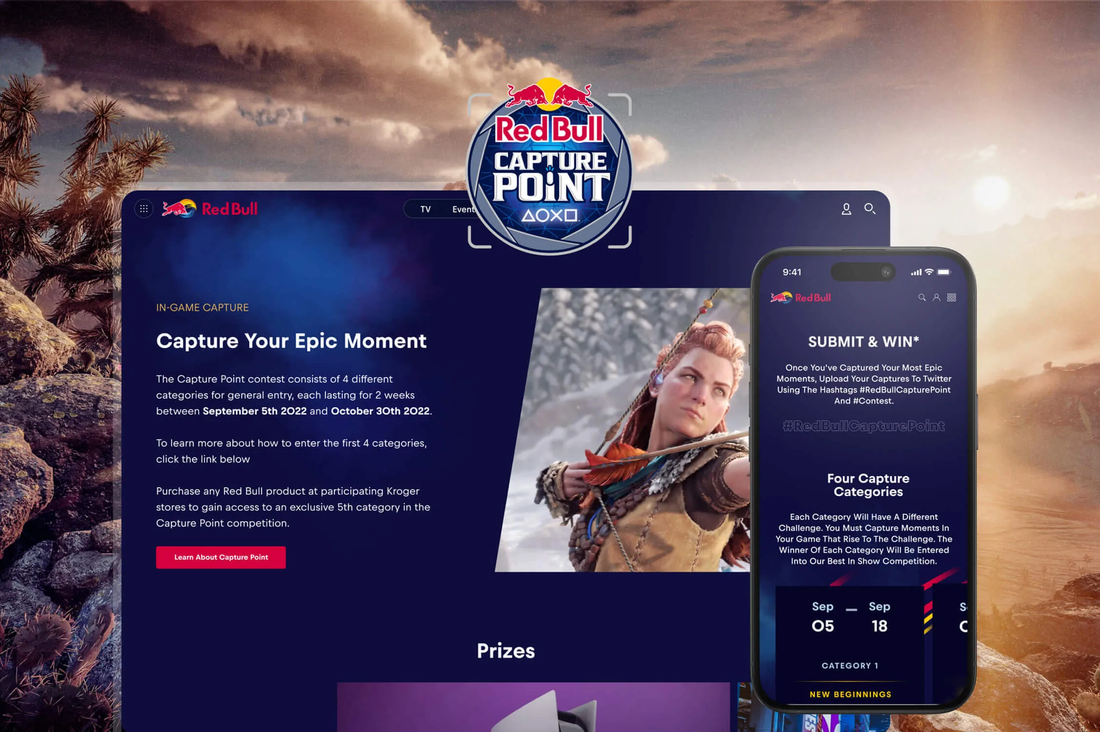 Red Bull Capture Point campaign page and phone screens explaining the in-game photo contest, its four categories and prizes