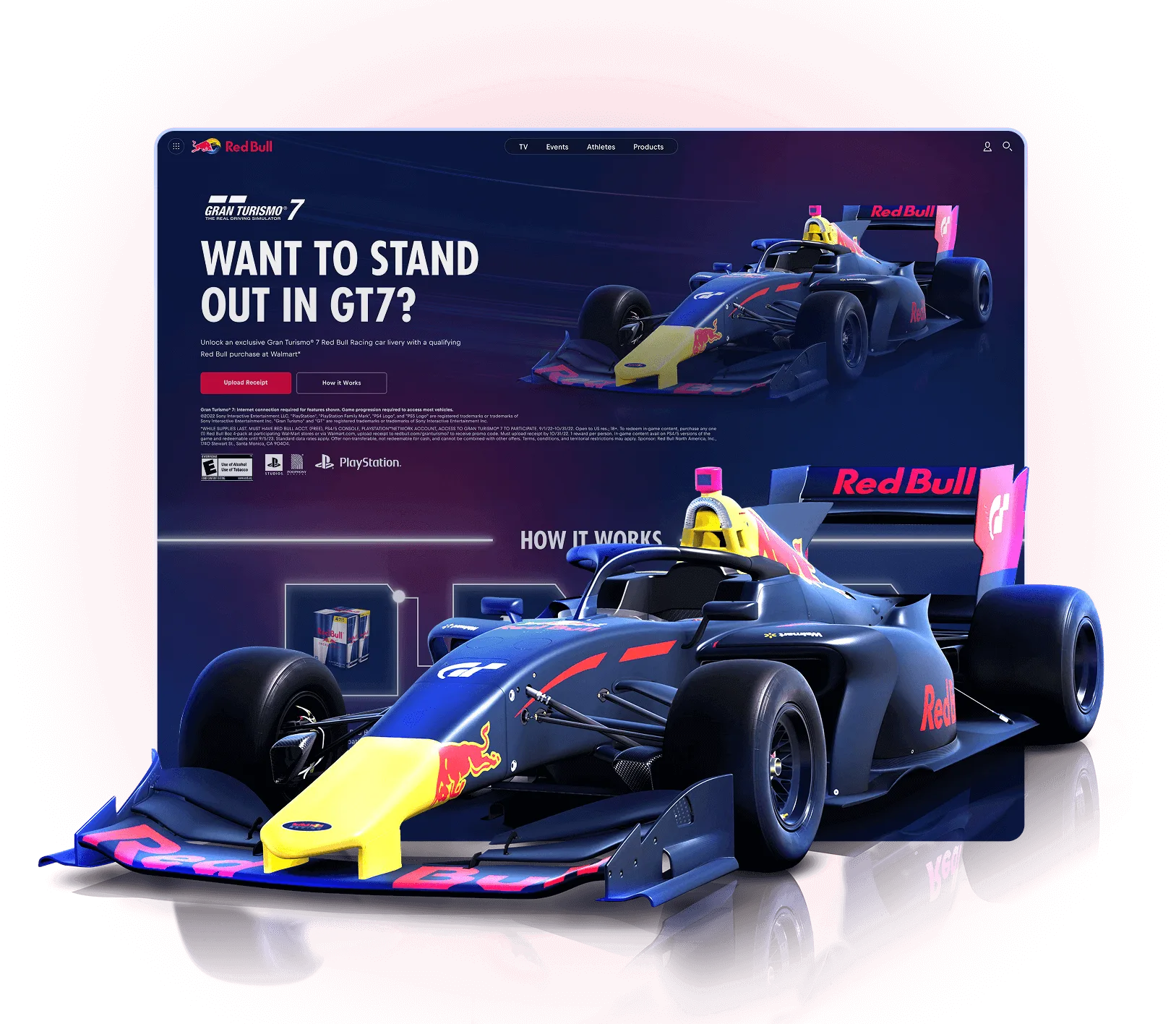 Red Bull x Gran Turismo 7 campaign page with a Red Bull-liveried race car bursting out of the browser frame