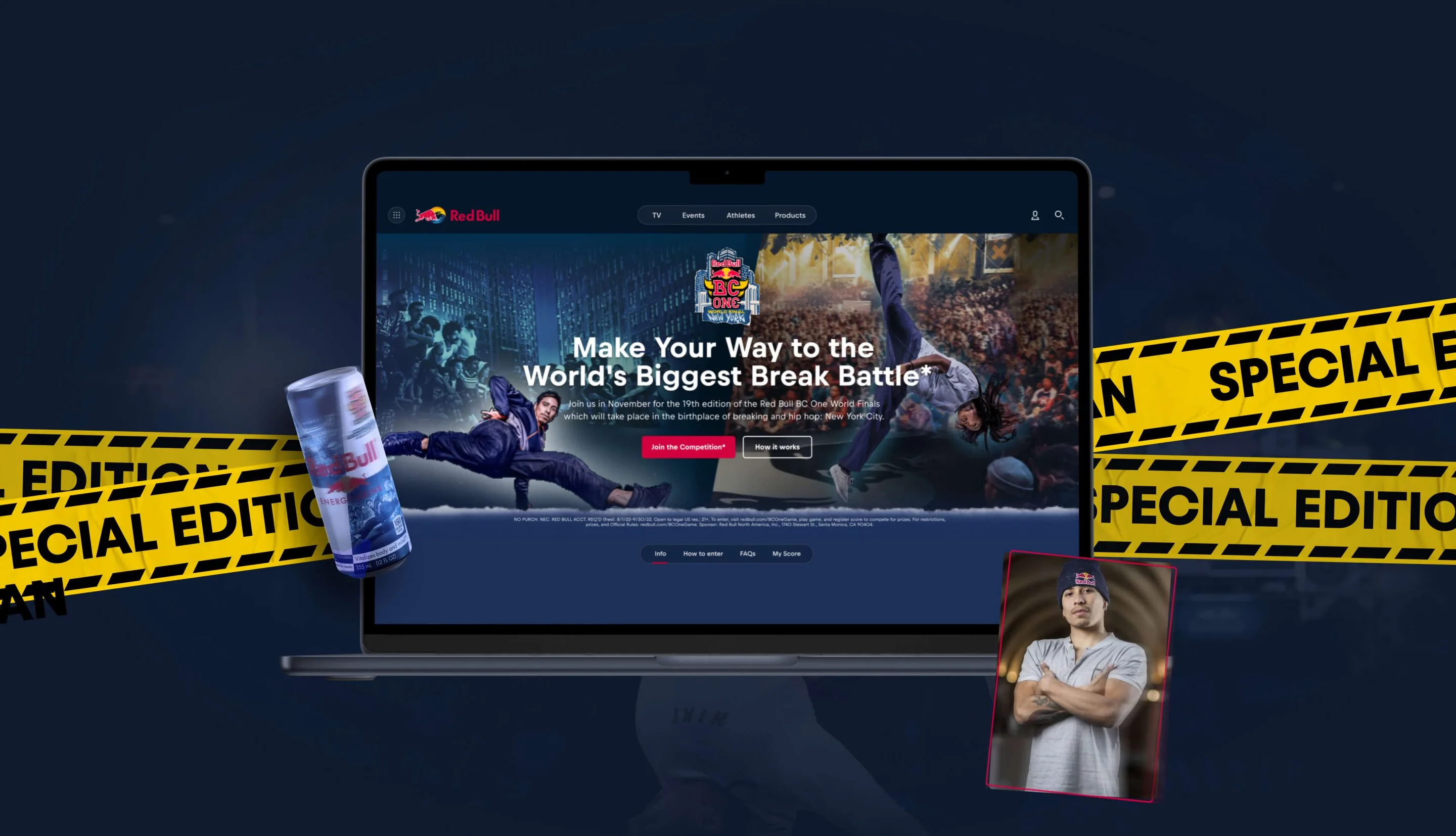 Laptop showing the Red Bull BC One World Final New York page, with a Red Bull can, special-edition hazard tape and a b-boy portrait