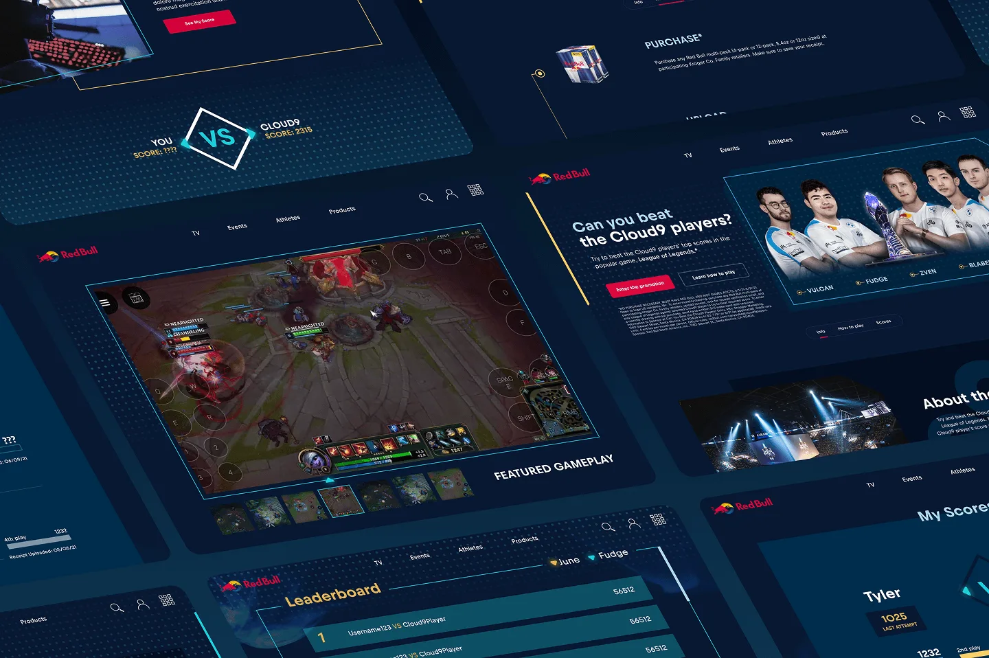 Red Bull and Cloud9 League of Legends promo site mockup: gameplay screen, leaderboard, score pages and player line-up