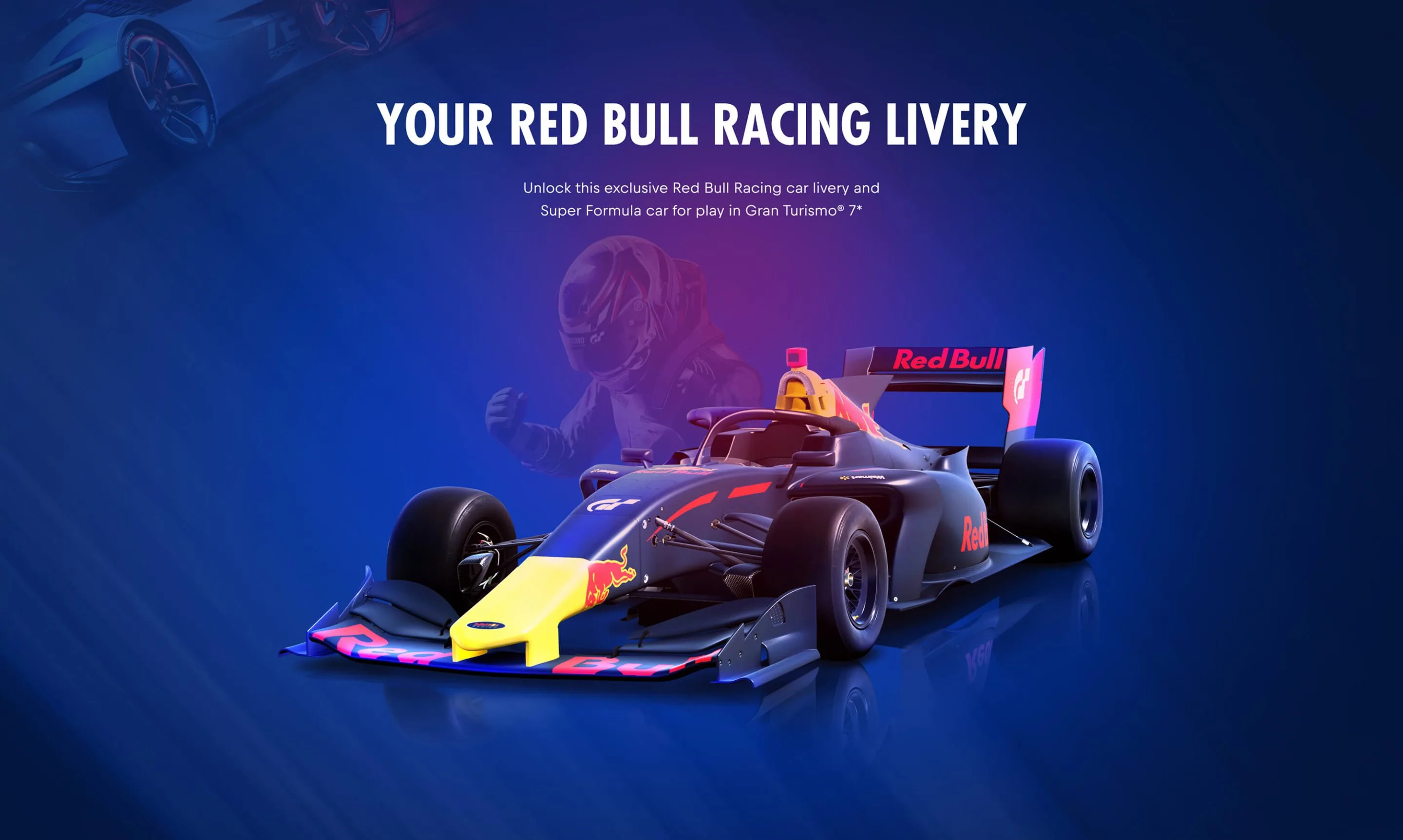 Matte navy Super Formula race car in Red Bull livery under the headline Your Red Bull Racing Livery