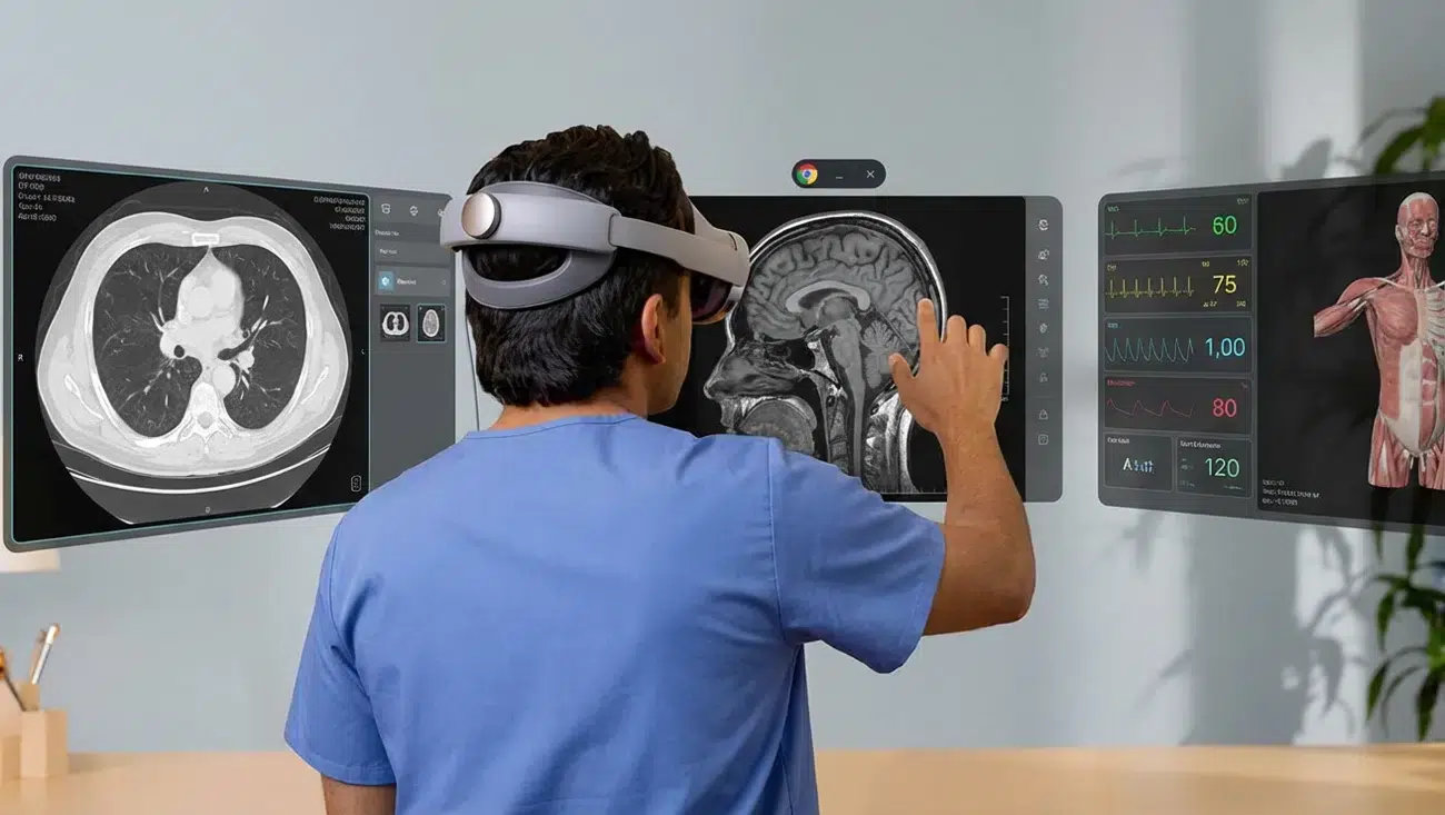 Medical professional wearing a Samsung Galaxy XR headset interacting with 3D medical imaging and health data in mixed reality.