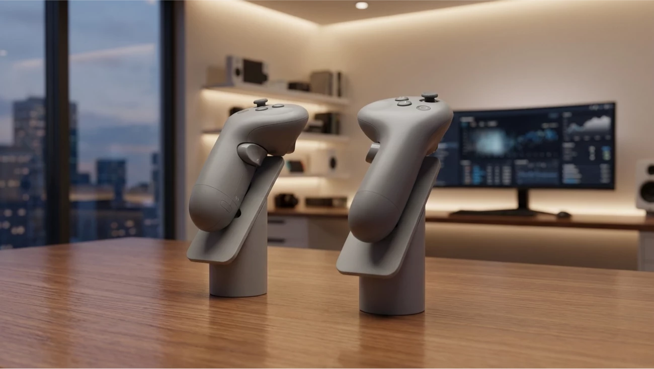 Two Samsung Galaxy XR controllers standing on a desk inside a modern office workspace, highlighting mixed-reality input tools.