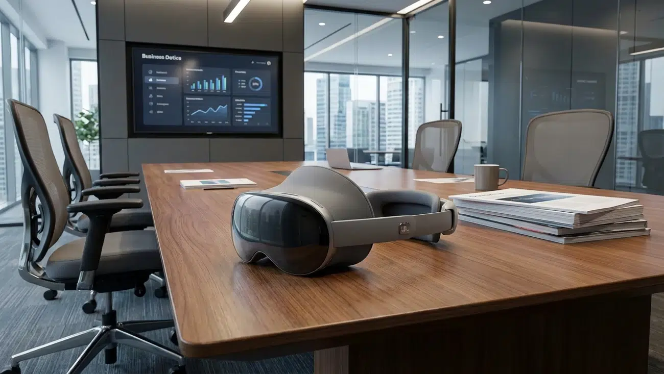 Samsung Galaxy XR headset on a conference table inside a modern office meeting room, representing enterprise mixed-reality collaboration.