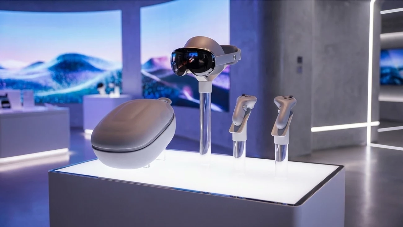 Samsung Galaxy XR headset, case, and controllers displayed on a showroom pedestal with mixed-reality visuals in the background.