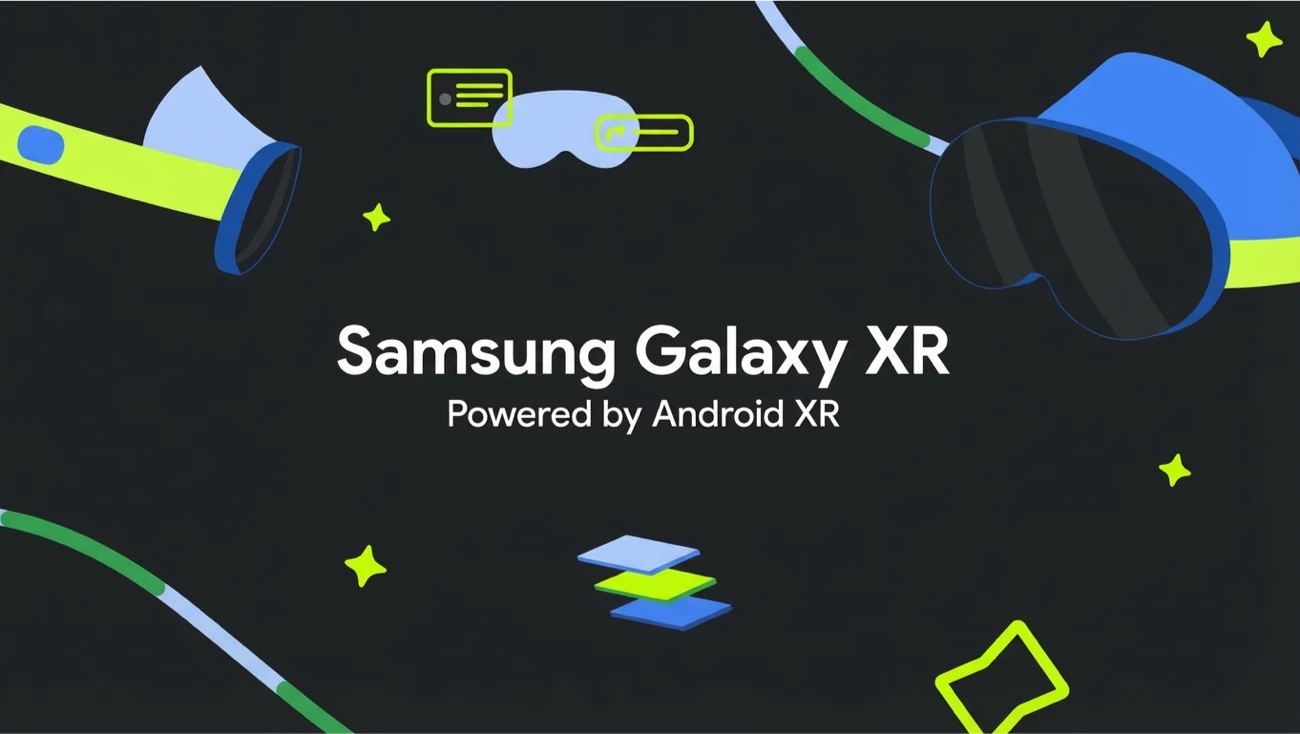 Graphic showing Samsung Galaxy XR powered by Android XR with illustrated mixed-reality headset elements.