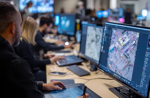 Artists at dual-monitor workstations in an open studio, the nearest working on a 3D city scene