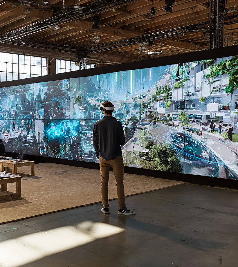 Person in a headset facing a huge curved video wall showing a 3D city visualization