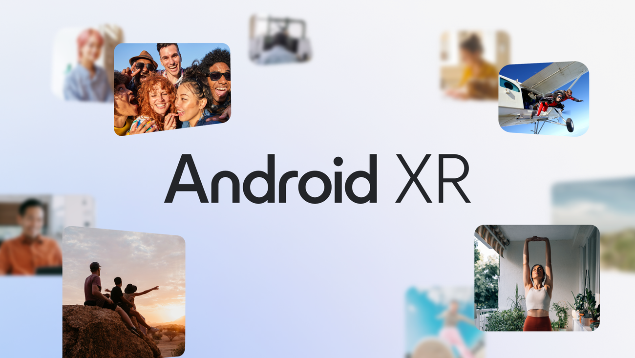Android XR logo centered on a gradient background with floating lifestyle photos representing immersive experiences.