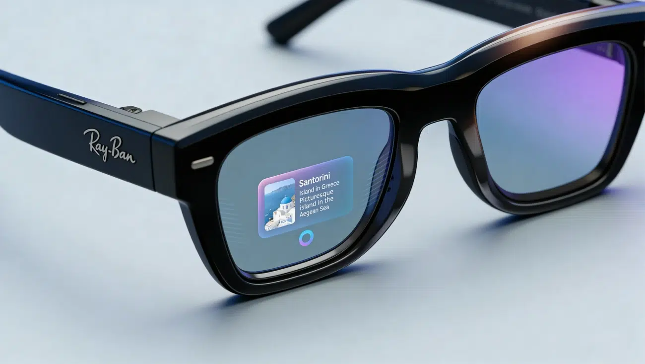 Ray-Ban smart glasses displaying an AR information overlay about Santorini, representing Android XR wearable technology.