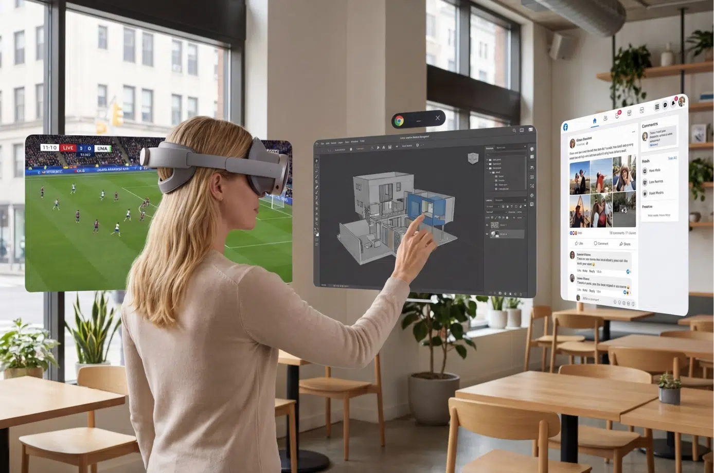 A woman wearing a samsung galaxy XR headset working