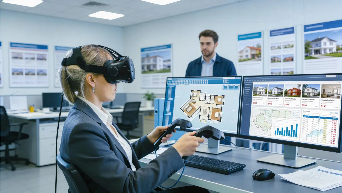 Professional using XR headset to interact with a digital twin workspace streamed in real time