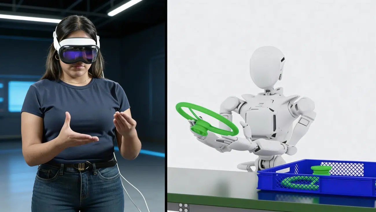 User interacting with a robotic digital twin in an XR environment using hand gestures