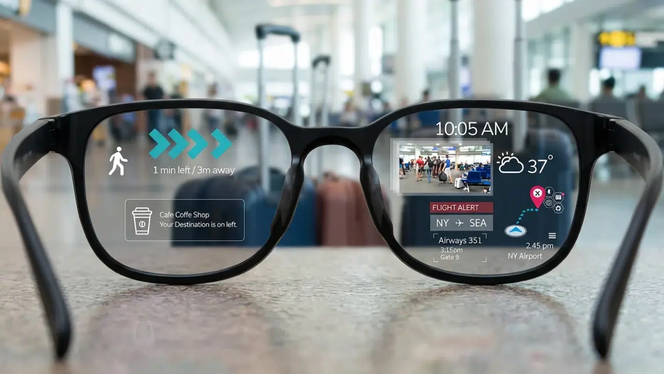 Augmented reality smart glasses showing navigation, flight alerts, weather, and travel information inside an airport.
