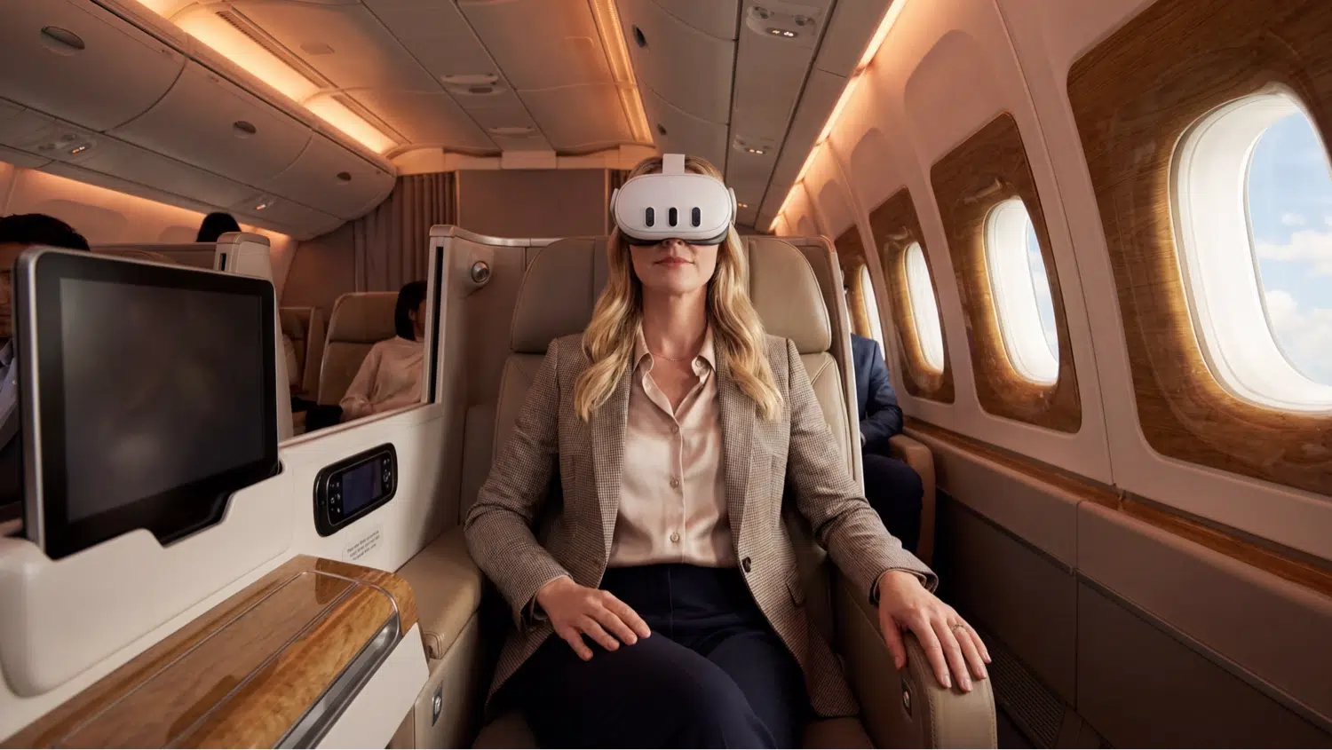 a woman wearing a meta quest headset